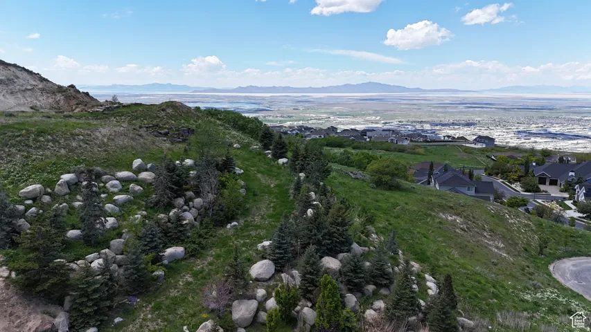 Elevated terrain featuring scattered boulders and evergreen trees with distant residential structures and a large body of water under a clear sky