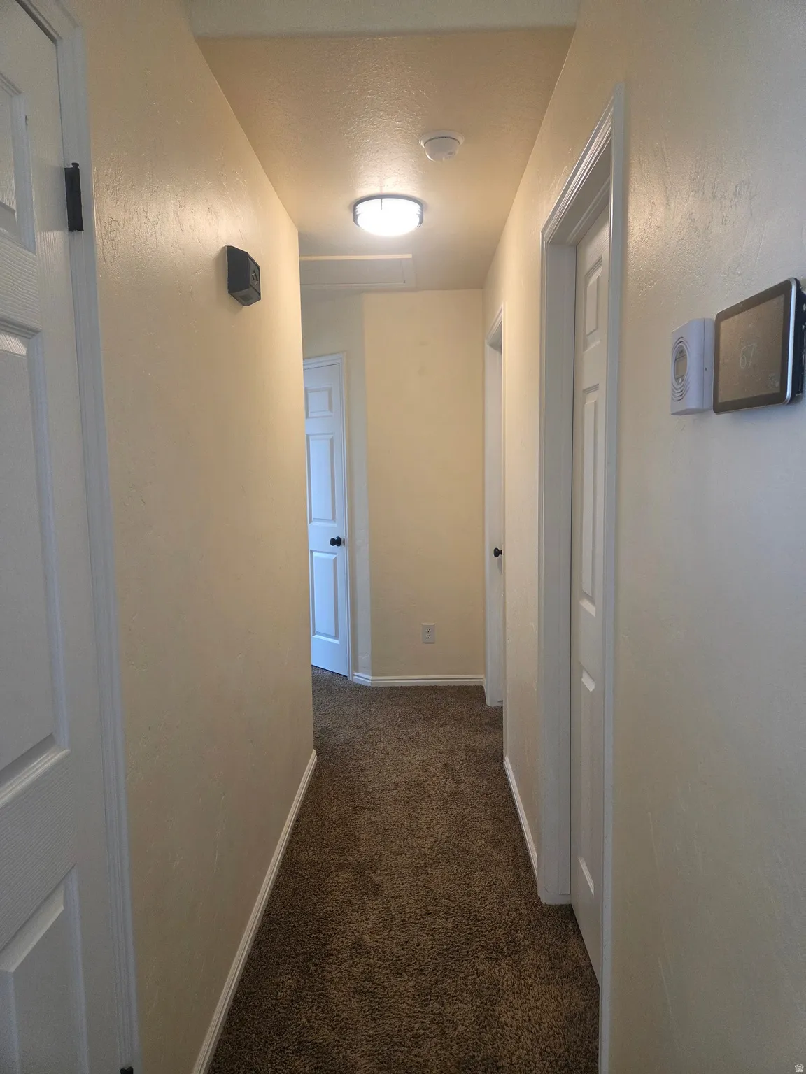 Carpeted hallway with light-colored walls and white trim