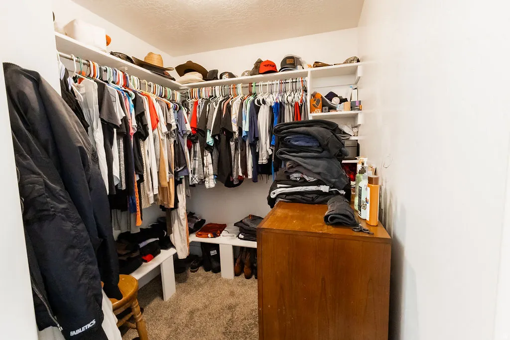 Walk-in closet featuring built-in shelving, hanging rods, and carpet flooring