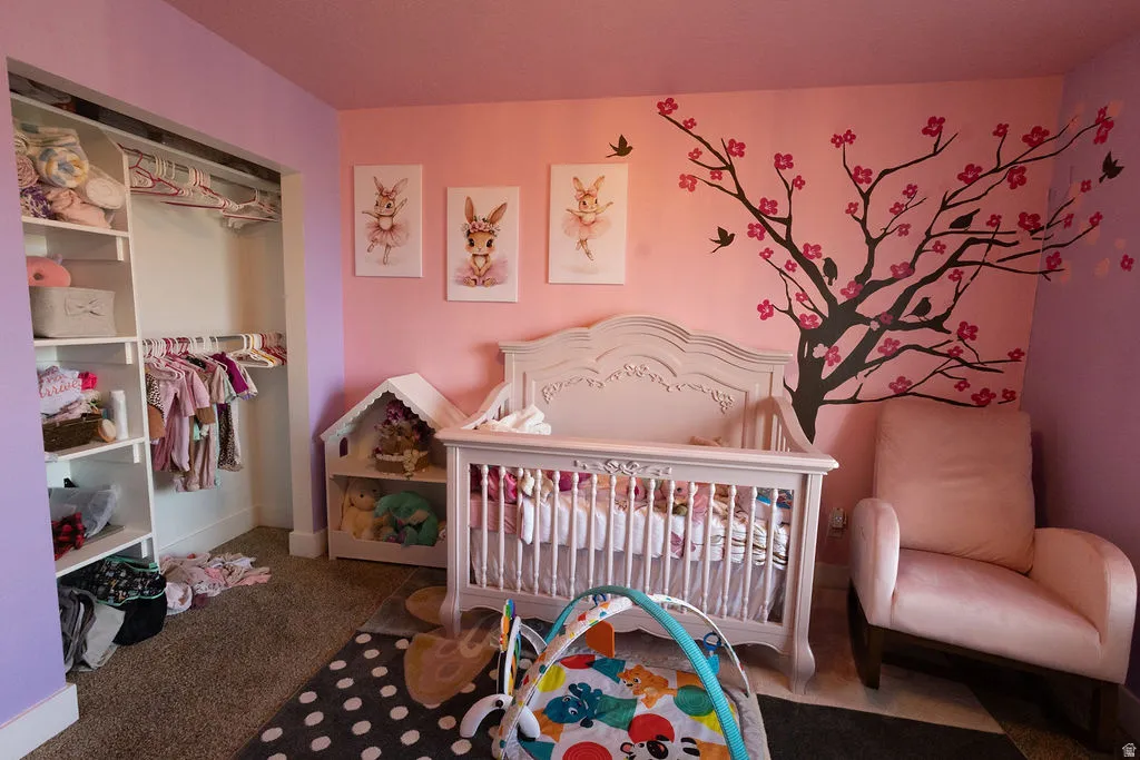 Room featuring a custom wall mural, built-in closet organization system, painted walls, and carpet flooring