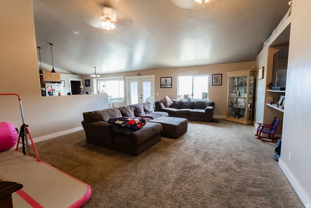 Spacious living area featuring neutral carpeting and a vaulted ceiling