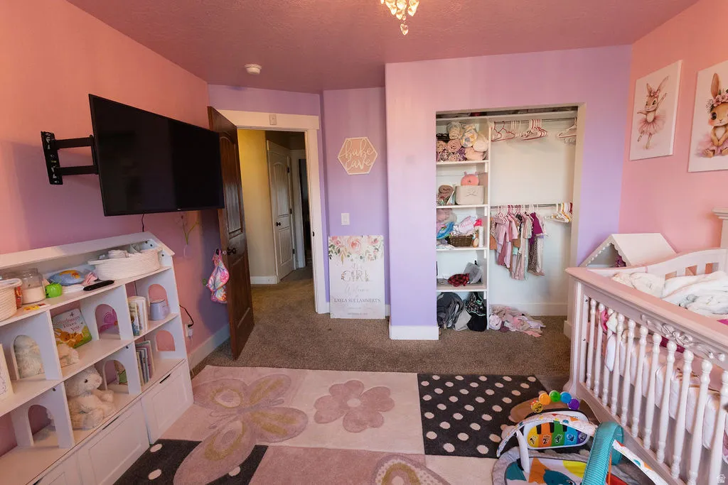 Room featuring a built-in closet with shelving and hanging rods