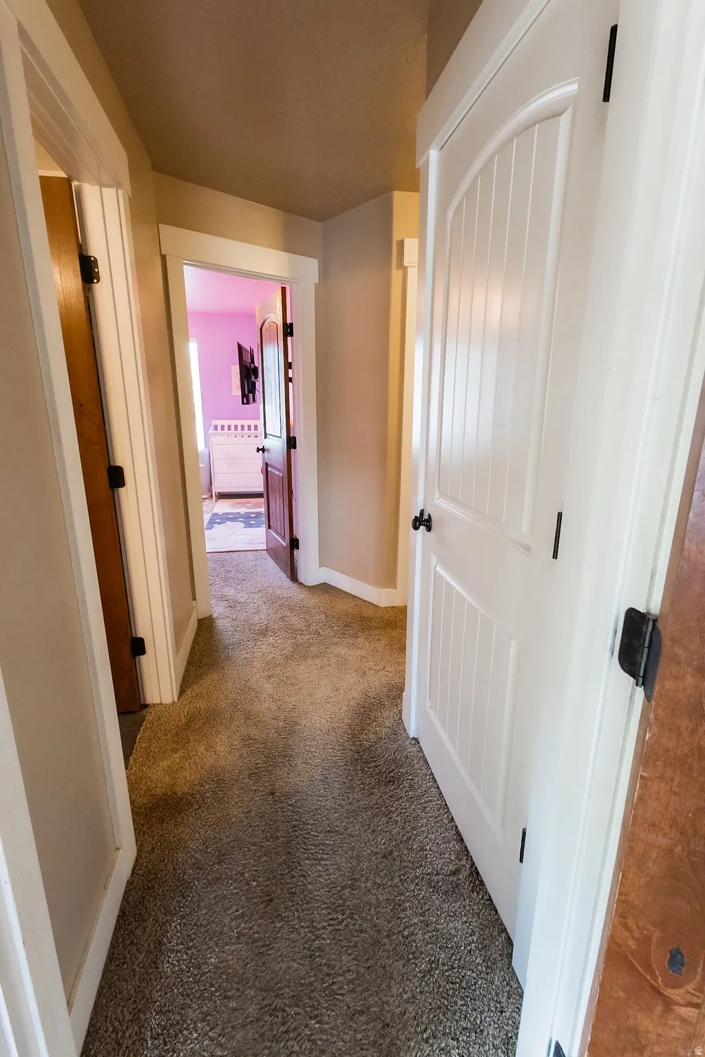 Carpeted hallway with painted walls and white trim