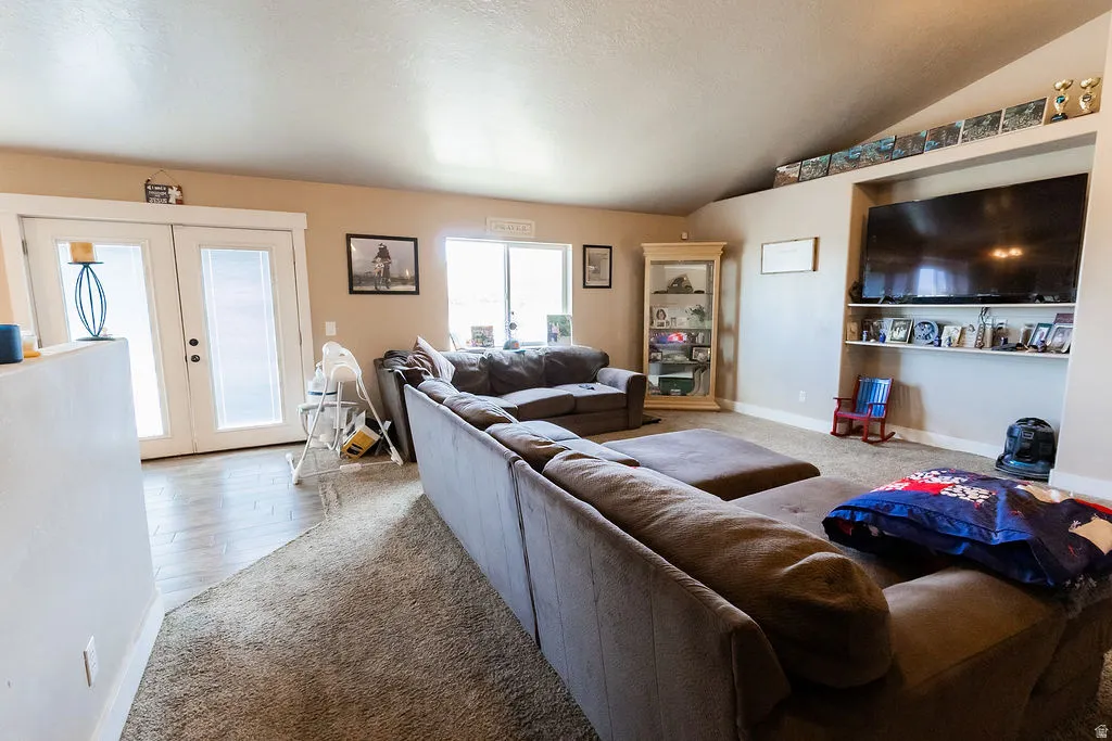 Living area featuring a vaulted ceiling and an integrated entertainment niche with shelving