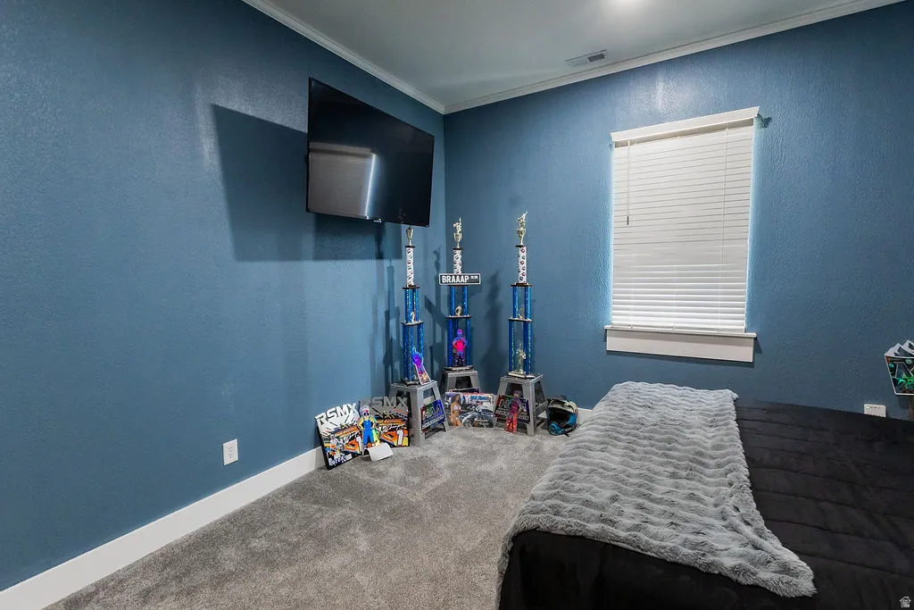 Room featuring blue walls with white trim, a mounted television, a window with white blinds, and gray carpeting