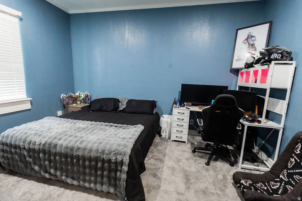 Room featuring textured blue walls and light gray carpeting