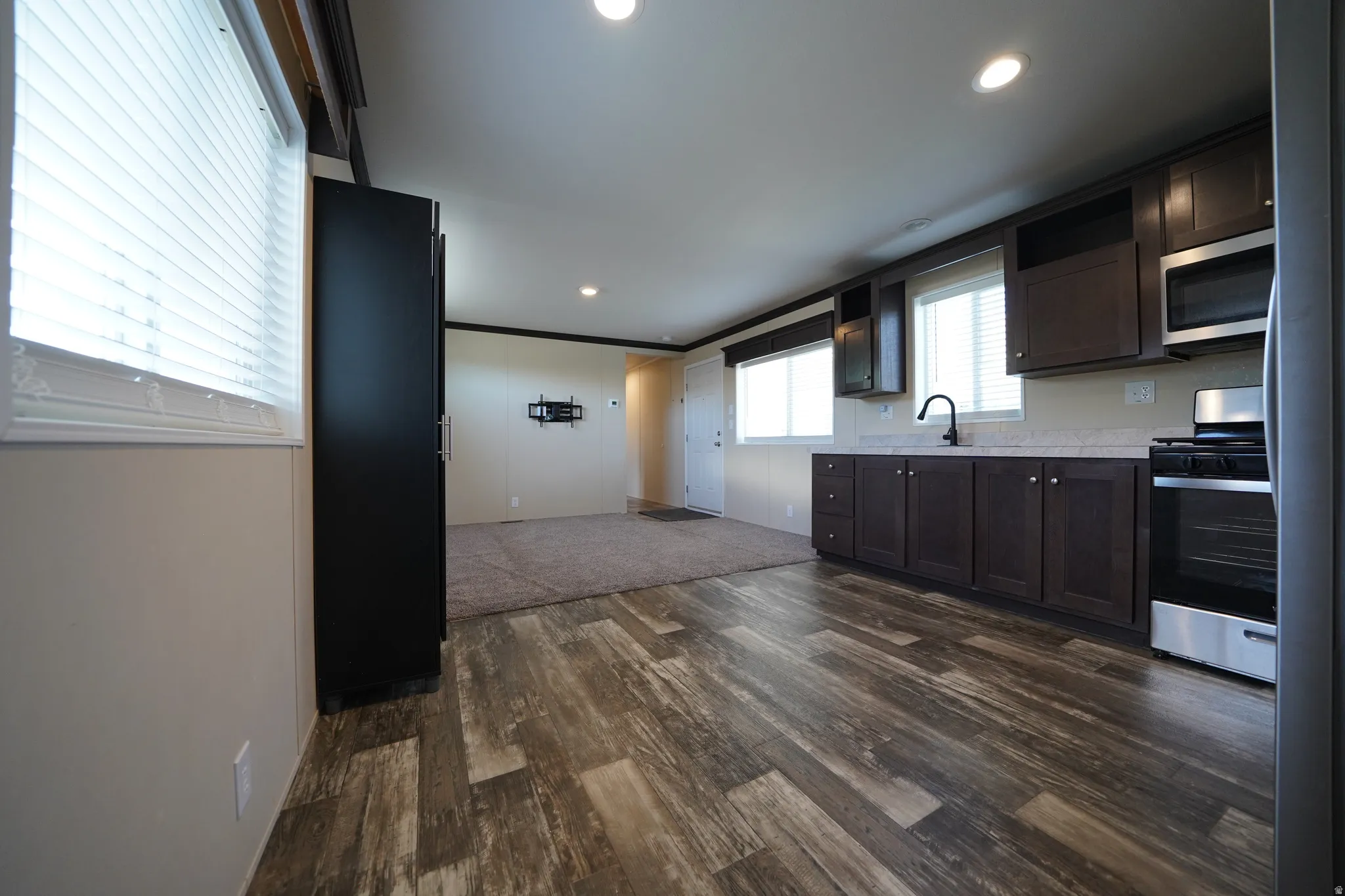 Open-concept kitchen and living area featuring wood-finish flooring, dark wood cabinetry, stainless steel appliances, and recessed lighting
