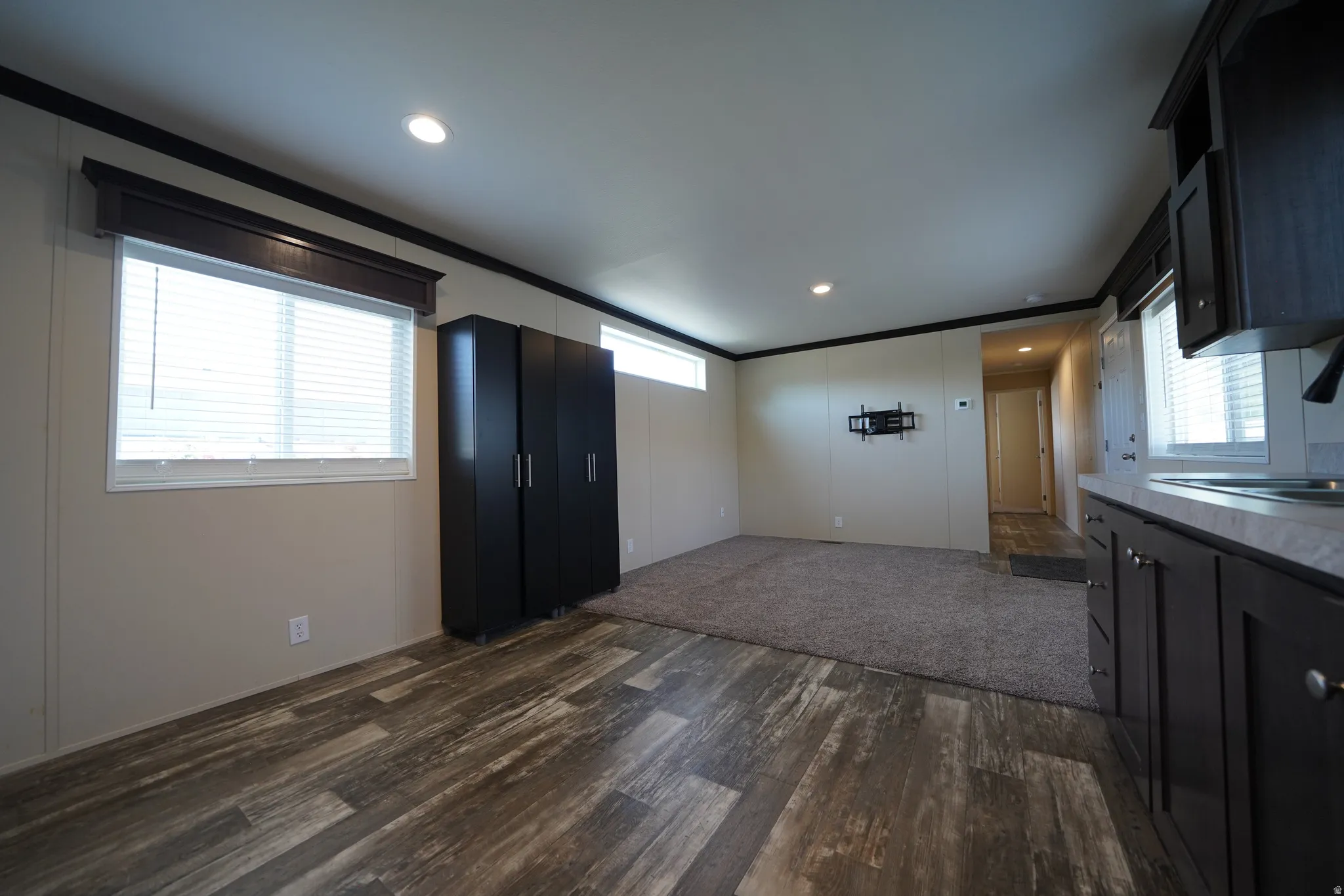 Open-concept living space featuring wood-finish flooring, recessed lighting, and carpeted area