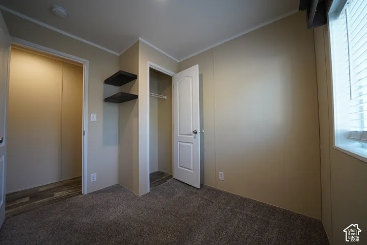 Bedroom 2 - Carpeted room featuring a window with horizontal blinds, built-in shelving, two open doorways, and ceiling trim