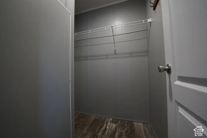 Primary Walk-in-Closet featuring wood-finish flooring, light gray wall panels, and an integrated wire shelving system