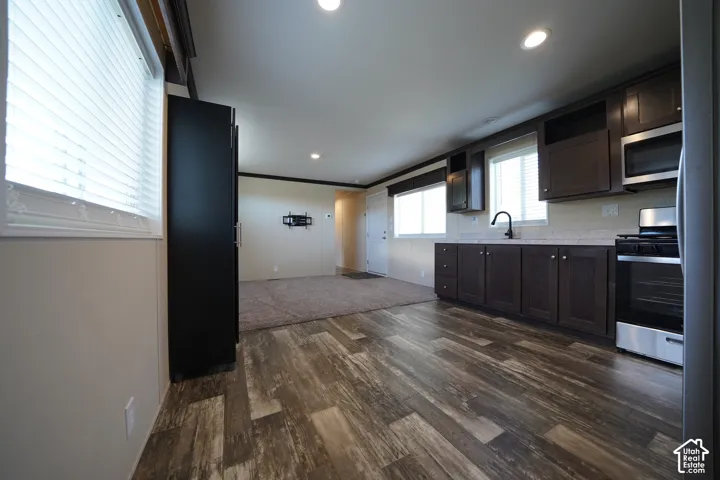 Open-concept kitchen and living area featuring wood-finish flooring, dark wood cabinetry, stainless steel appliances, and recessed lighting