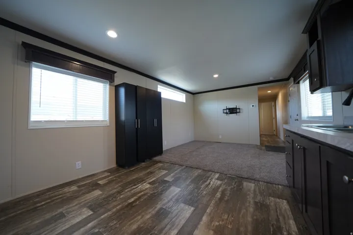 Open-concept living space featuring wood-finish flooring, recessed lighting, and carpeted area