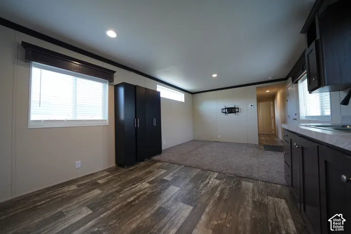 Open-concept living space featuring wood-finish flooring, recessed lighting, and carpeted area
