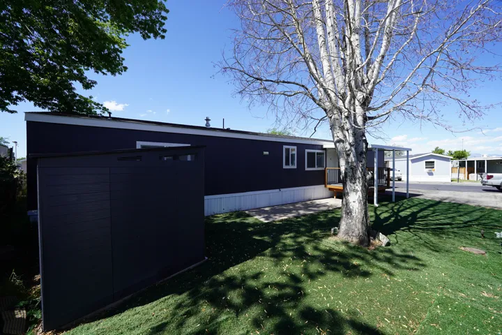 Dark-toned exterior siding with white trim