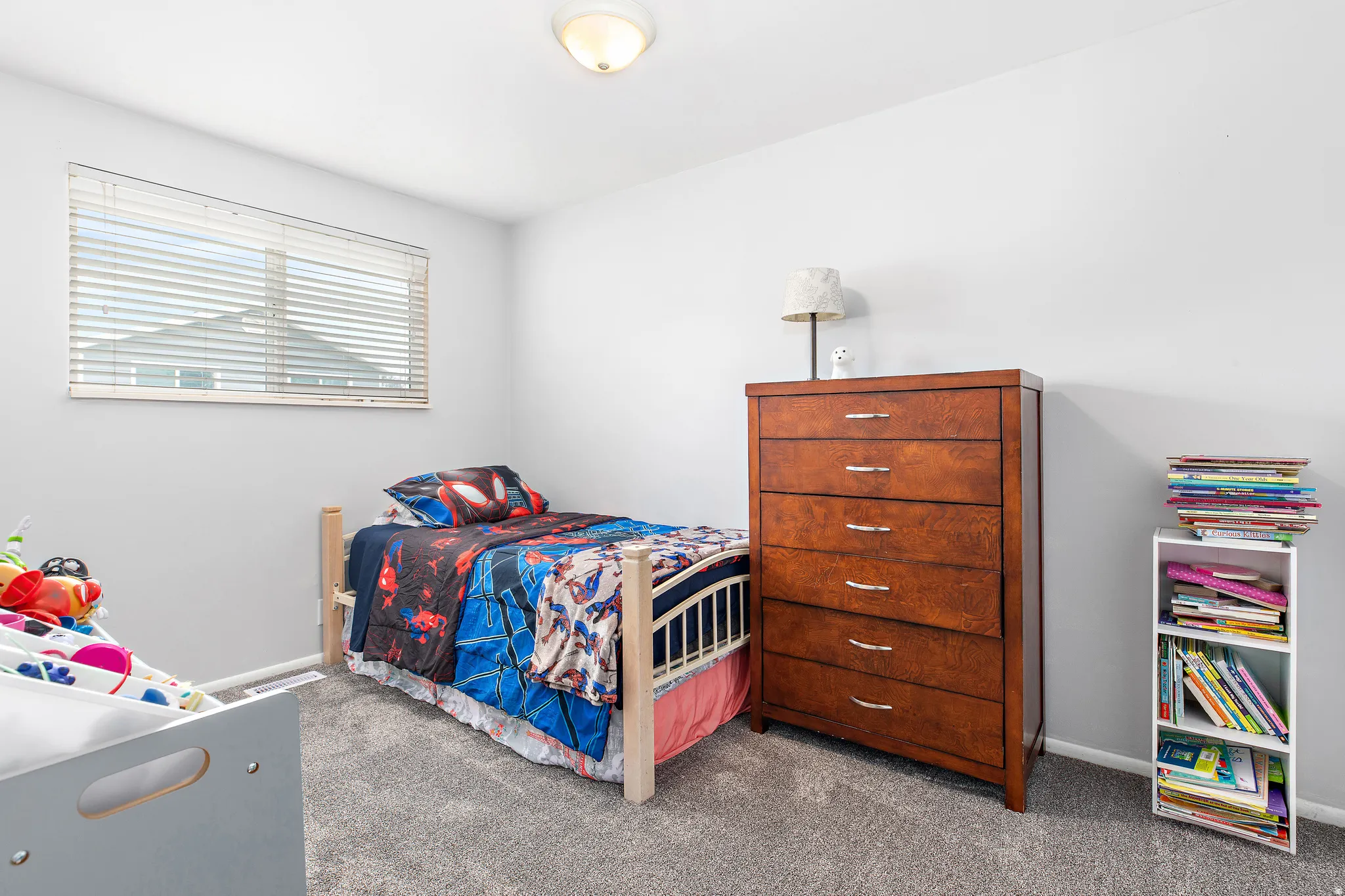 Carpeted room with a double-paned window featuring horizontal blinds