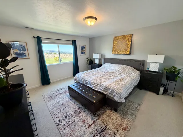 Carpeted room featuring a broad window with horizontal blinds, offering a distant landscape