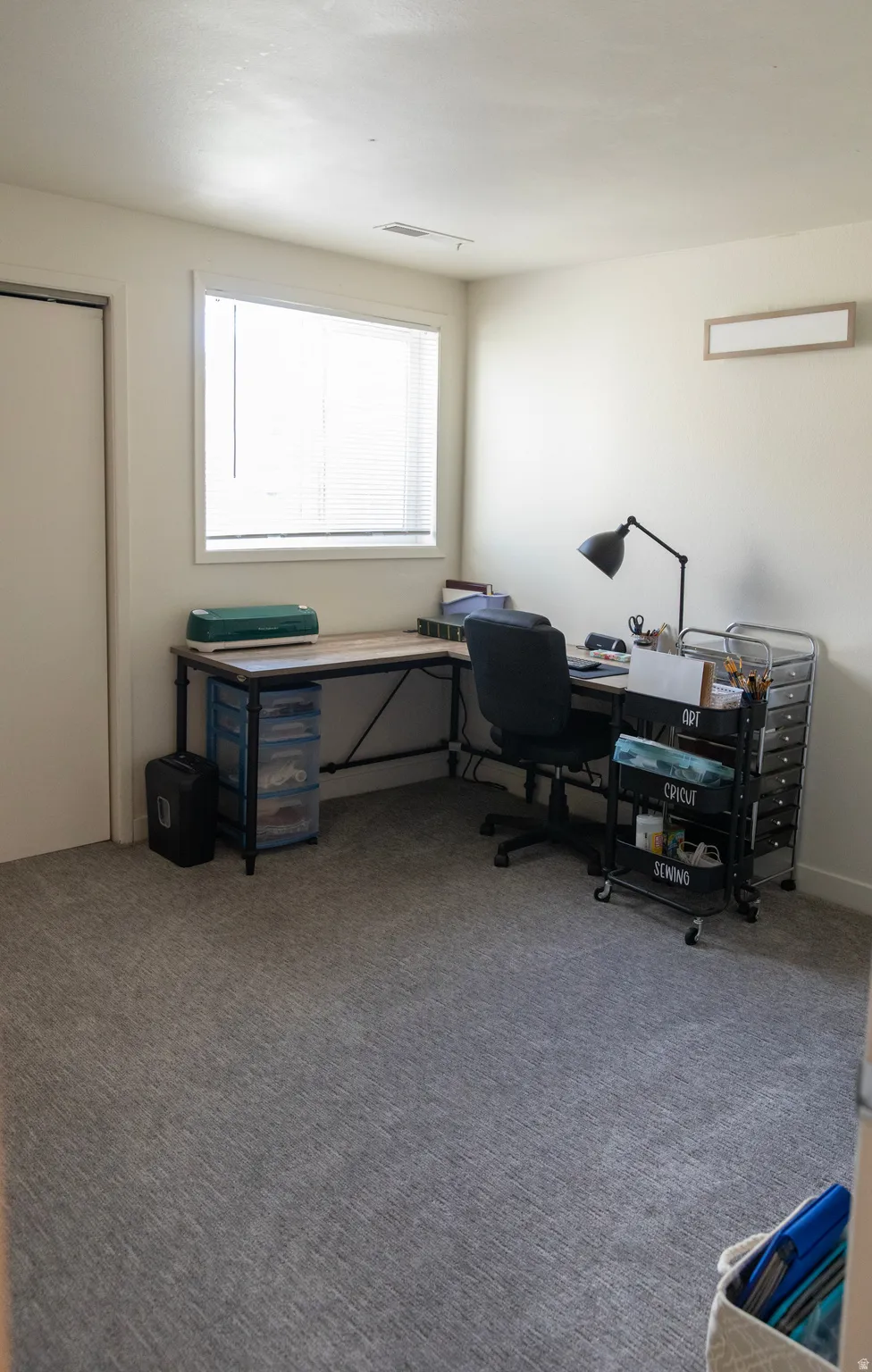 Bright room featuring a window with blinds, light gray wall-to-wall carpeting, and neutral painted walls