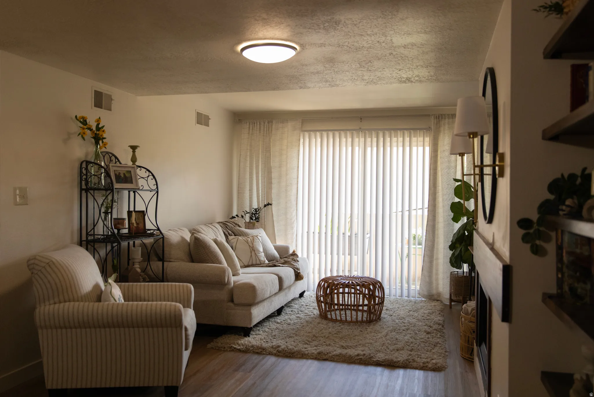 Living area featuring wood-finish flooring, a large sliding glass door with vertical blinds, and a circular flush-mount ceiling light
