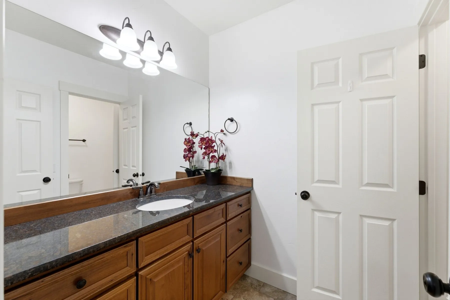 Spacious bathroom vanity featuring a dark countertop, an integrated oval sink, and a bronze-finish faucet