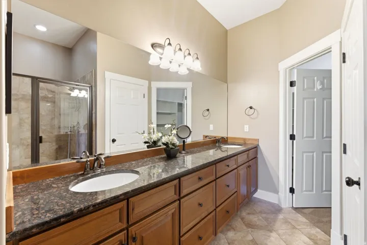 Bathroom vanity featuring a dark stone countertop with dual undermount sinks, wood cabinetry, and a full-width mirror