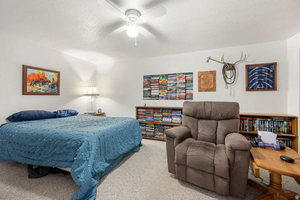 Carpeted room featuring a ceiling fan with integrated lighting, built-in shelving, and white walls