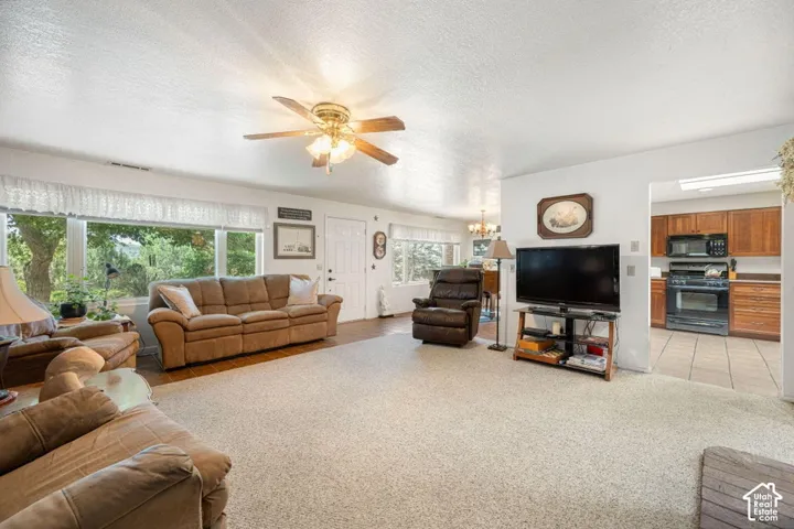 Spacious living area featuring light-toned carpeting and wood-finish flooring