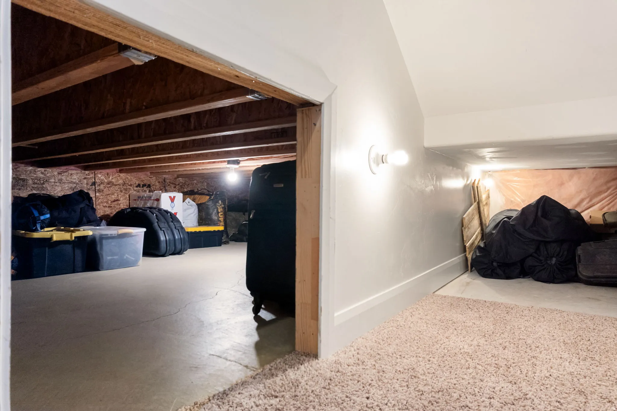 Unfinished basement area featuring exposed wood joists and concrete flooring