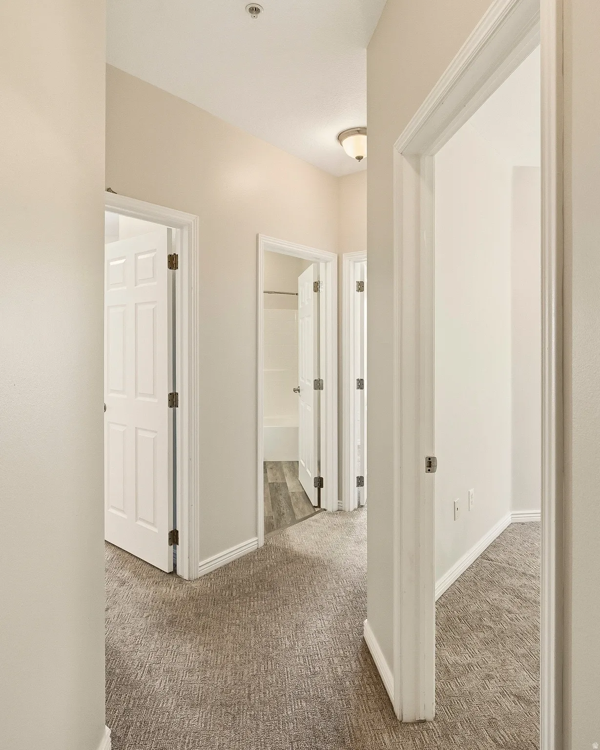 Hallway featuring neutral carpet, light neutral wall paint, and white trim