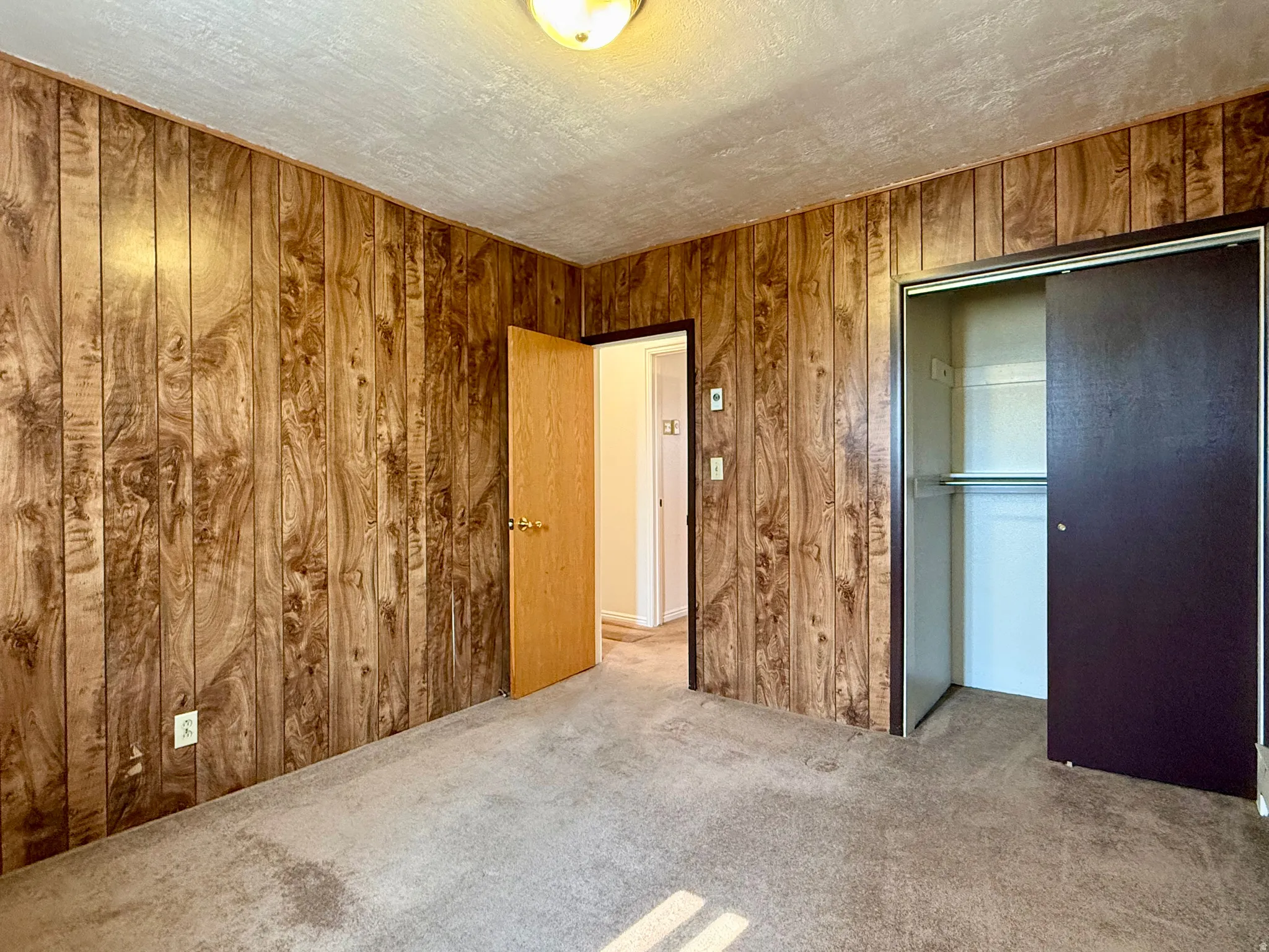 Room featuring wood-look paneling, a textured ceiling, and neutral carpet flooring