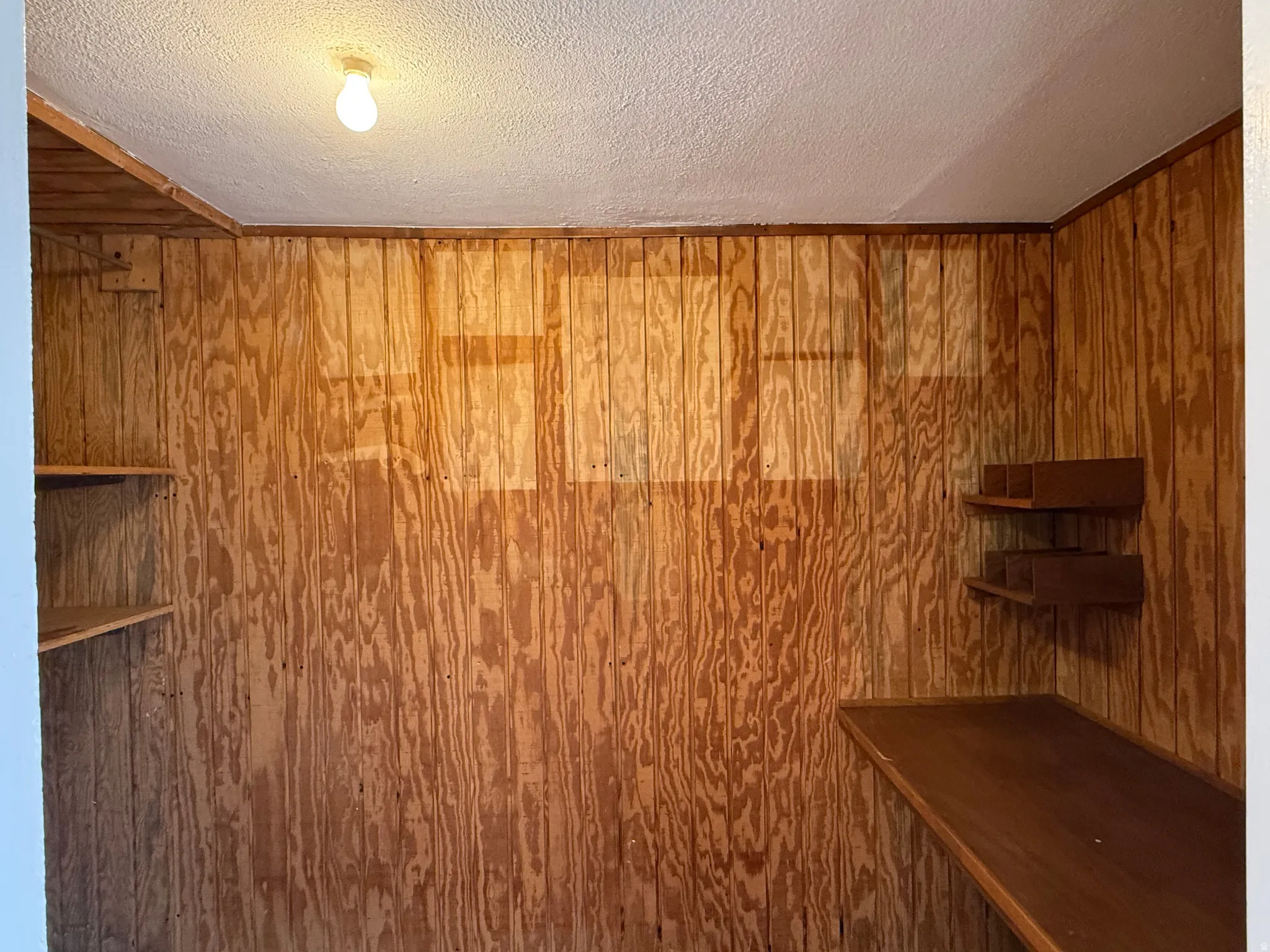Room featuring wood paneling on walls, a textured ceiling, built-in shelving, and a ceiling-mounted light fixture