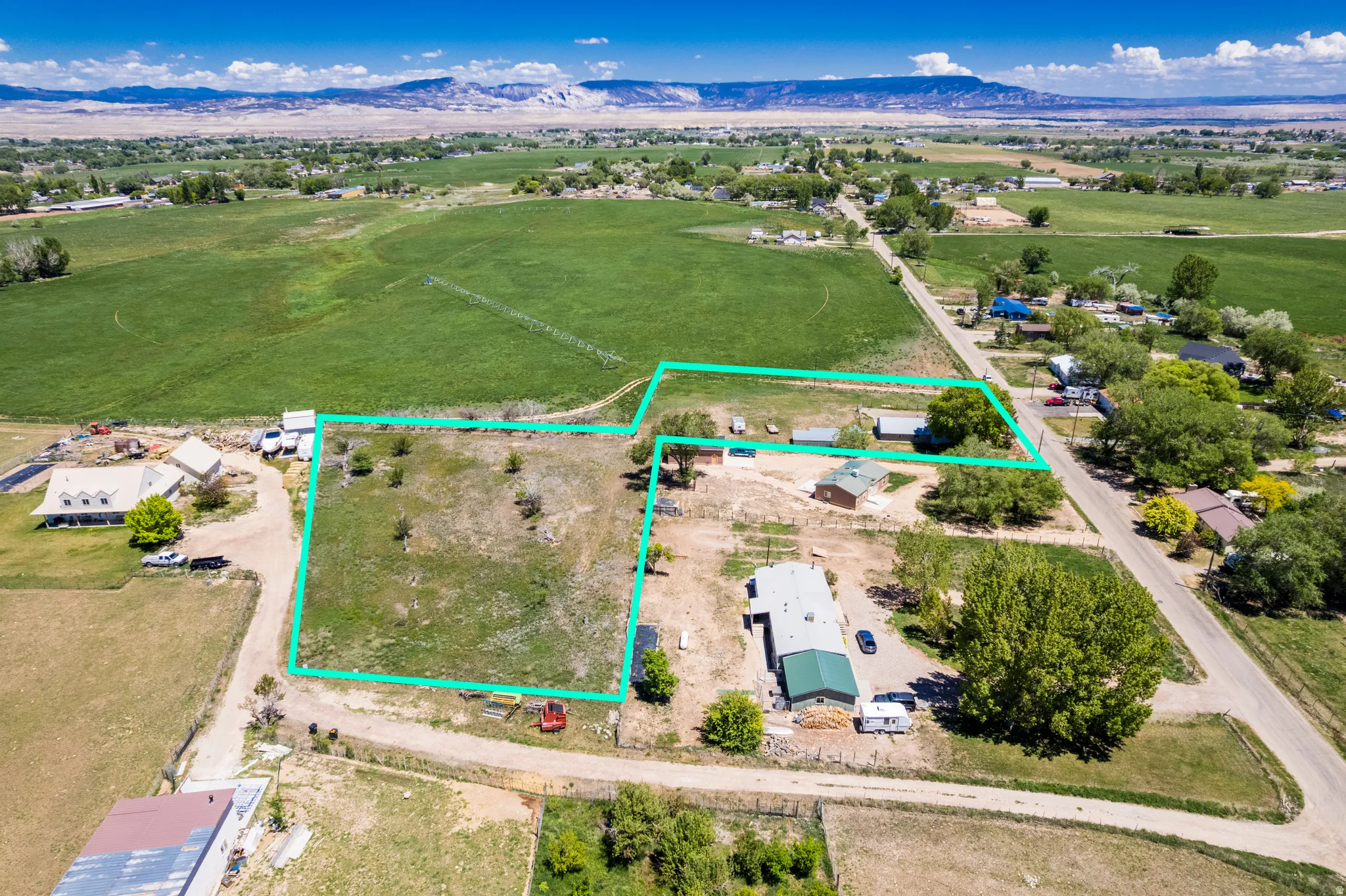 Expansive lot with visible property lines, featuring undeveloped land, established trees, and surrounding agricultural fields