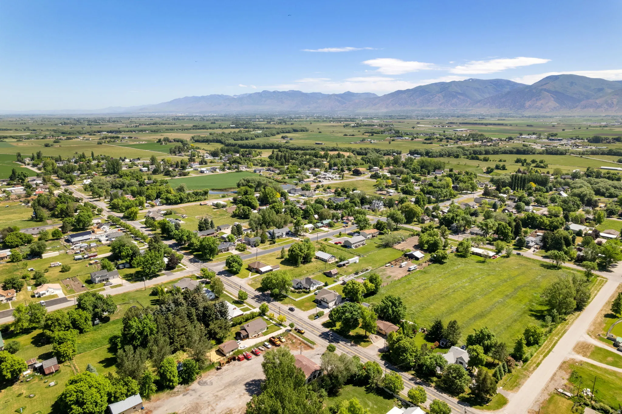Expansive aerial view showcasing a neighborhood with mature trees, verdant fields, and distant mountain ranges