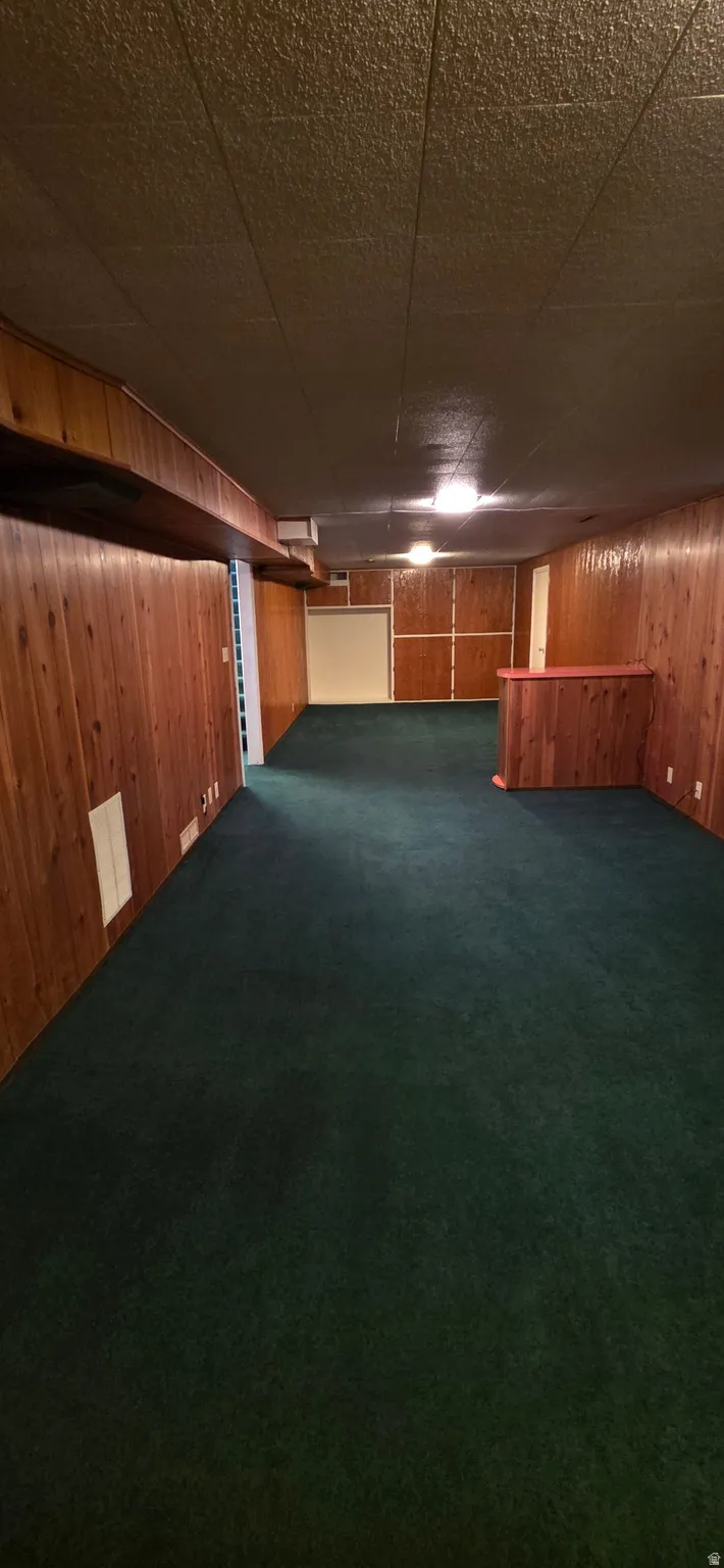 Spacious lower-level room featuring rich wood paneling, dark green carpeting, and a built-in bar
