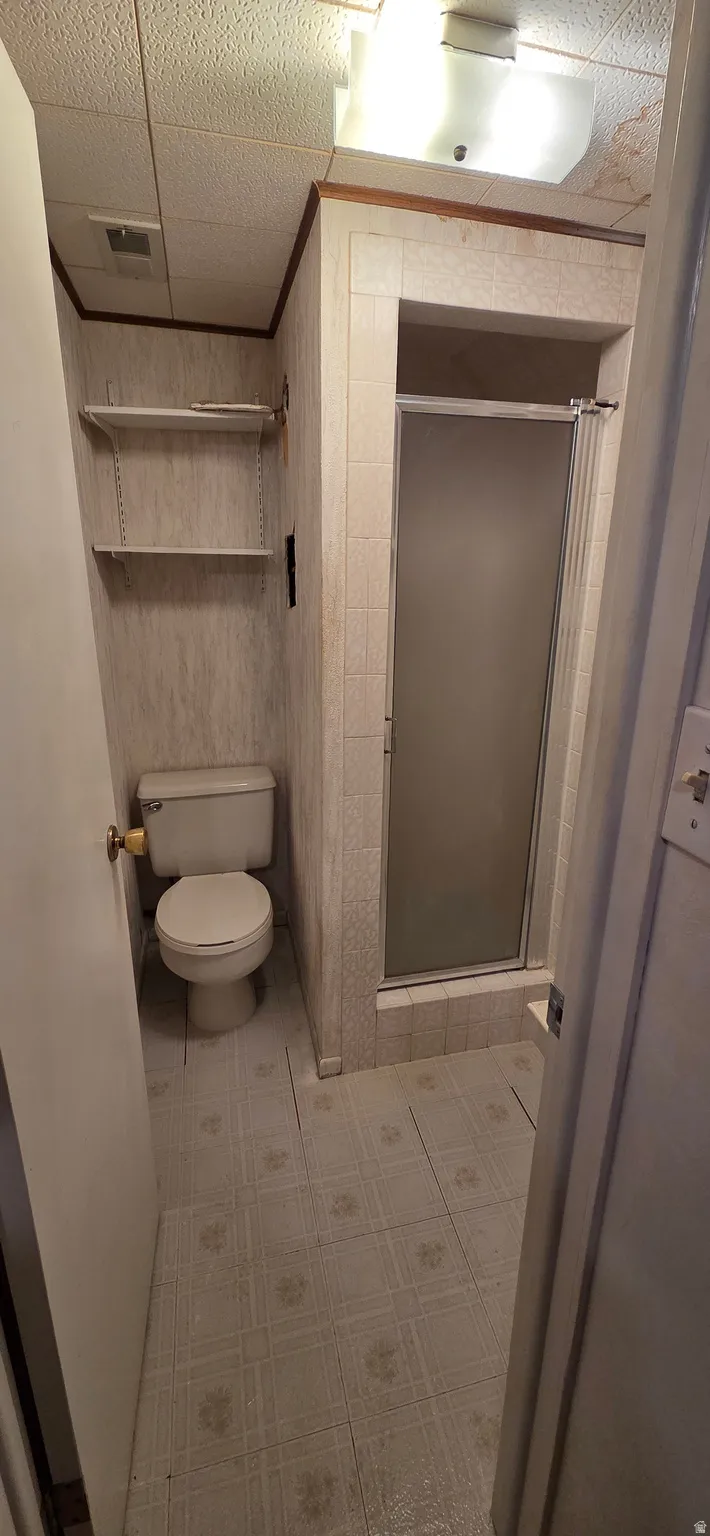 Bathroom featuring a stand-up shower with a frosted glass door, a toilet, and wall-mounted shelving