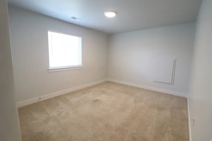 Neutral tone wall paint, flush mount ceiling lighting, and window with white blinds