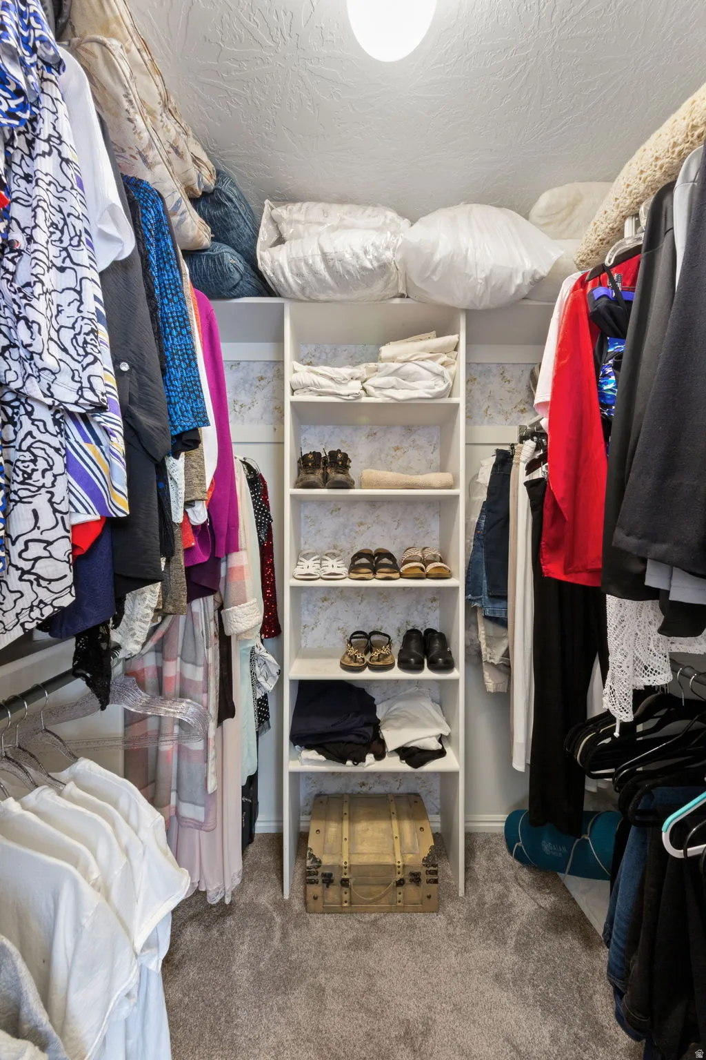 Walk-in closet featuring carpet flooring, built-in shelving, and hanging rods