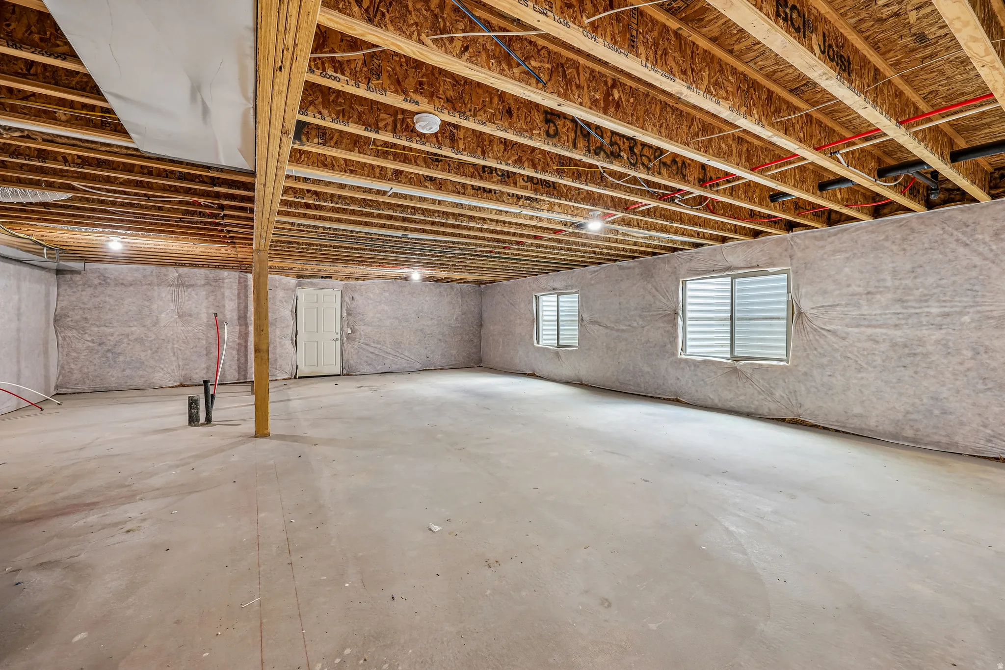 Unfinished basement featuring exposed wood joists, concrete flooring, two windows, a white paneled door, and visible plumbing rough-ins