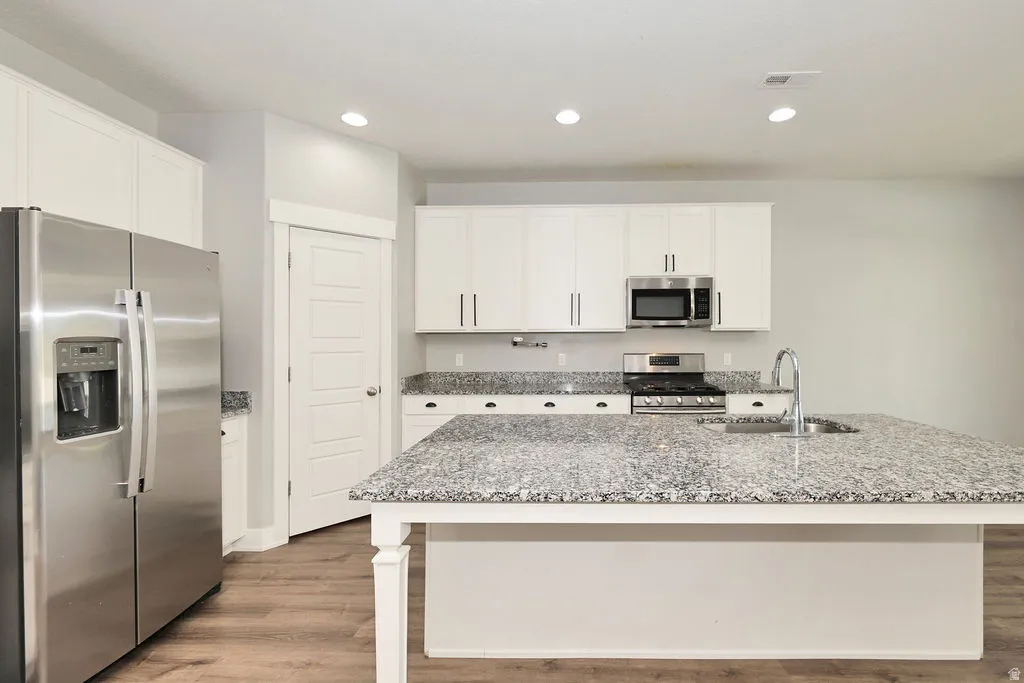 Contemporary kitchen featuring an oversized island with a drop-in sink, stainless steel appliances, white cabinetry with modern hardware, and wood-finish flooring