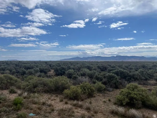 Expansive desert landscape featuring natural brush, distant mountain ranges, and a vast sky with scattered clouds