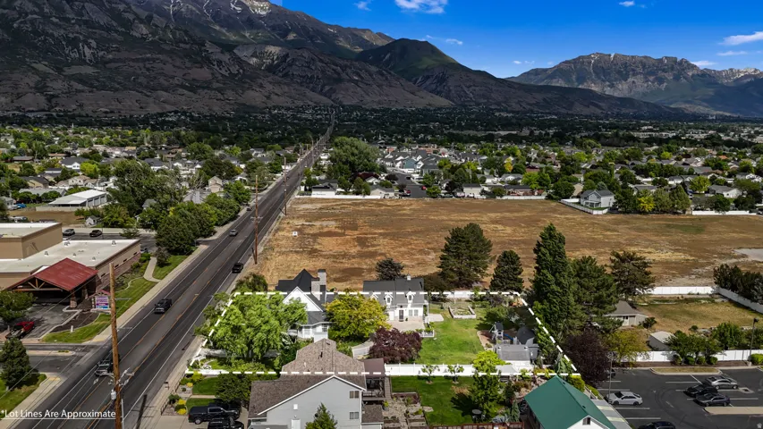 Aerial view showcasing a residential property with established trees and a manicured lawn, bordered by a paved road and open land