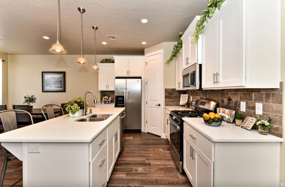 Contemporary kitchen featuring an expansive center island with an undermount double sink, white cabinetry, stainless steel appliances, a tile backsplash, and wood-finish flooring