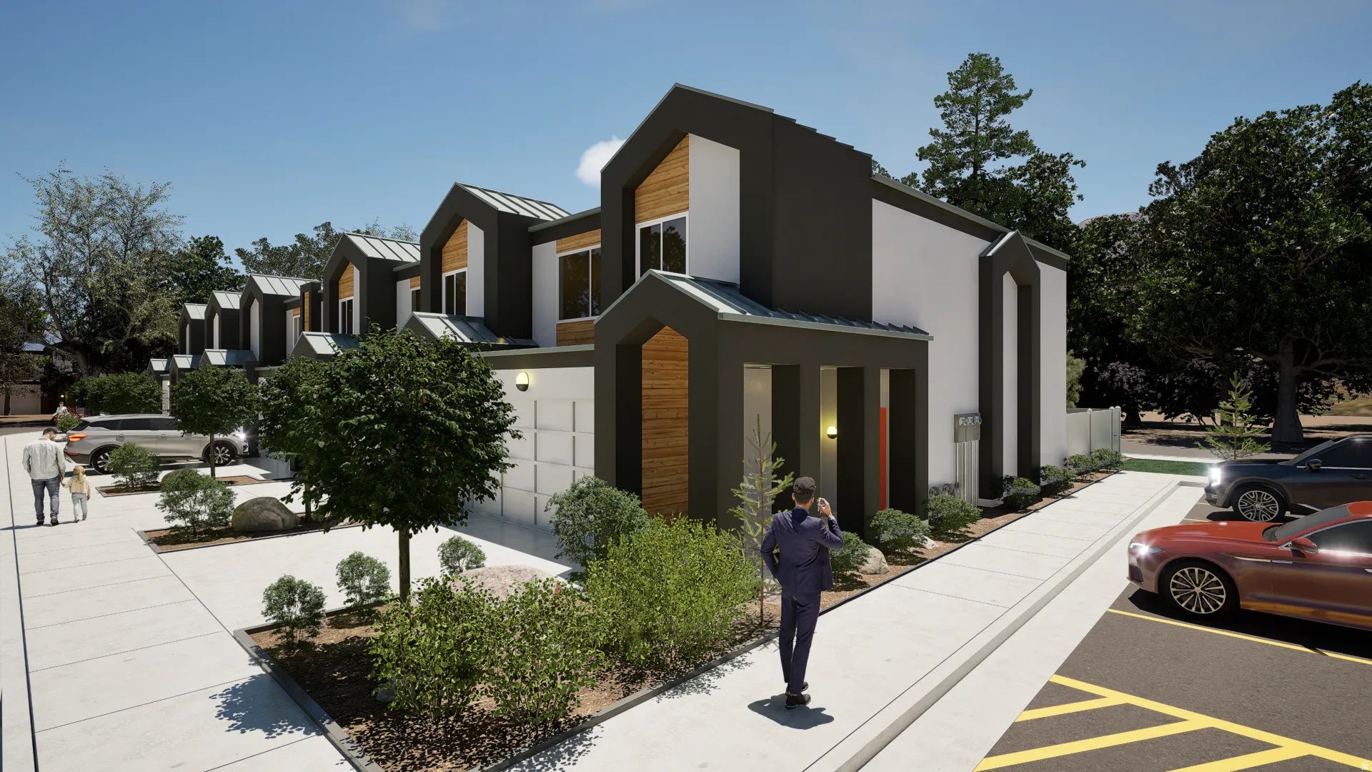 Modern multi-family development featuring dark and light contrasting facades, wood-finish accents, pitched roofs, and individual covered entryways