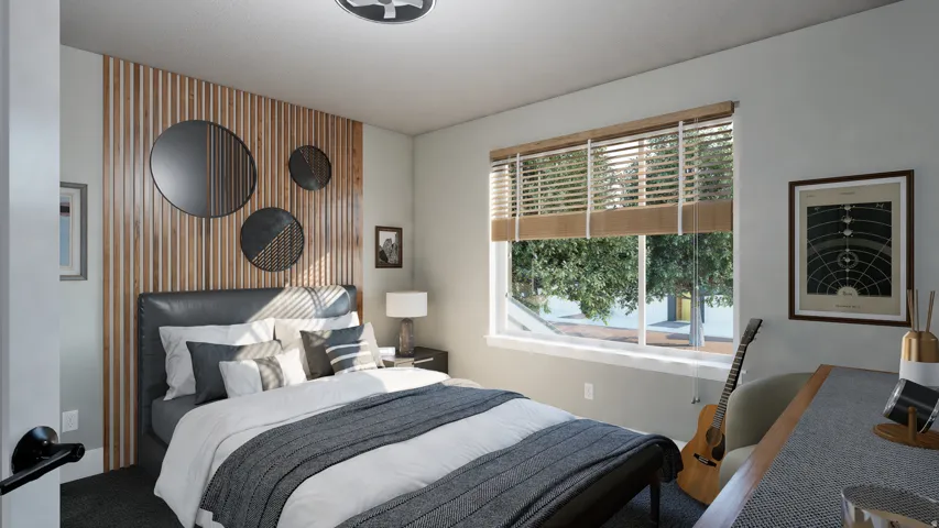 Bedroom featuring a wood-slat accent wall, a large window with horizontal blinds, and dark carpet flooring