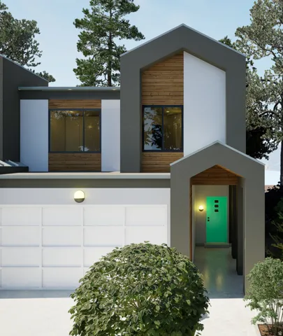 Contemporary exterior featuring a bright teal entry door, wood-finish paneling, and a panel-style garage door