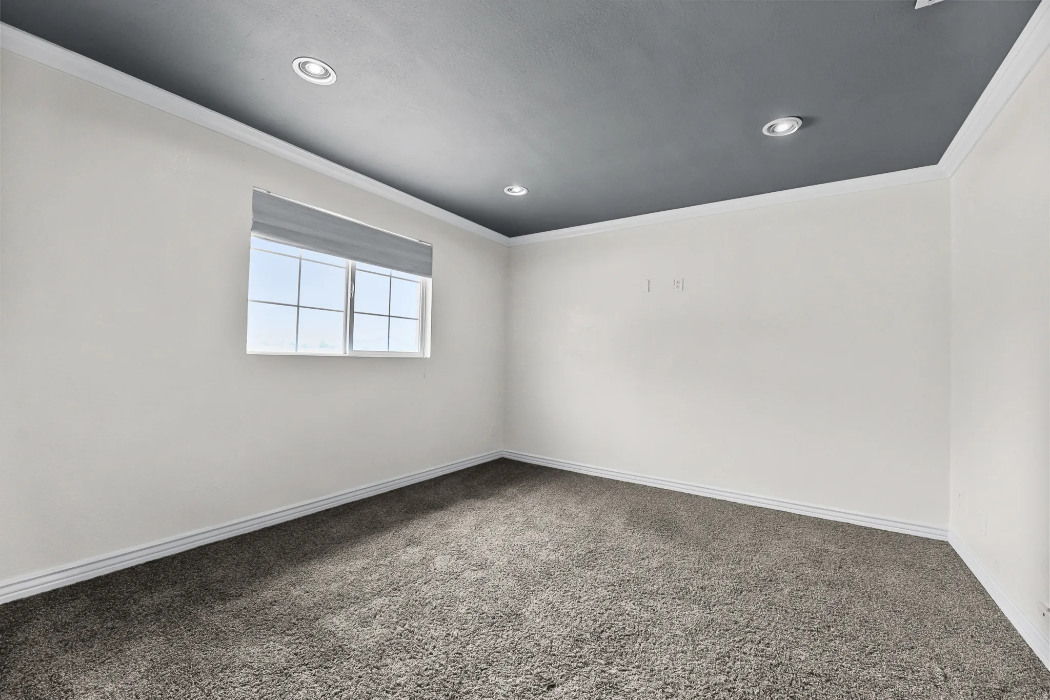 Neutral tone bedroom featuring dark gray carpeting and white walls