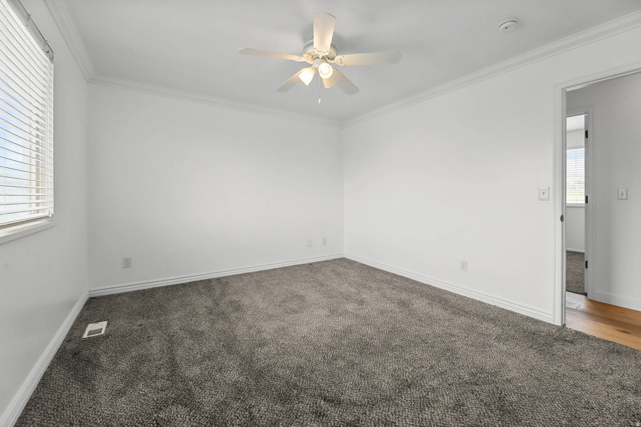 Neutral white walls with crown molding and grey carpet flooring