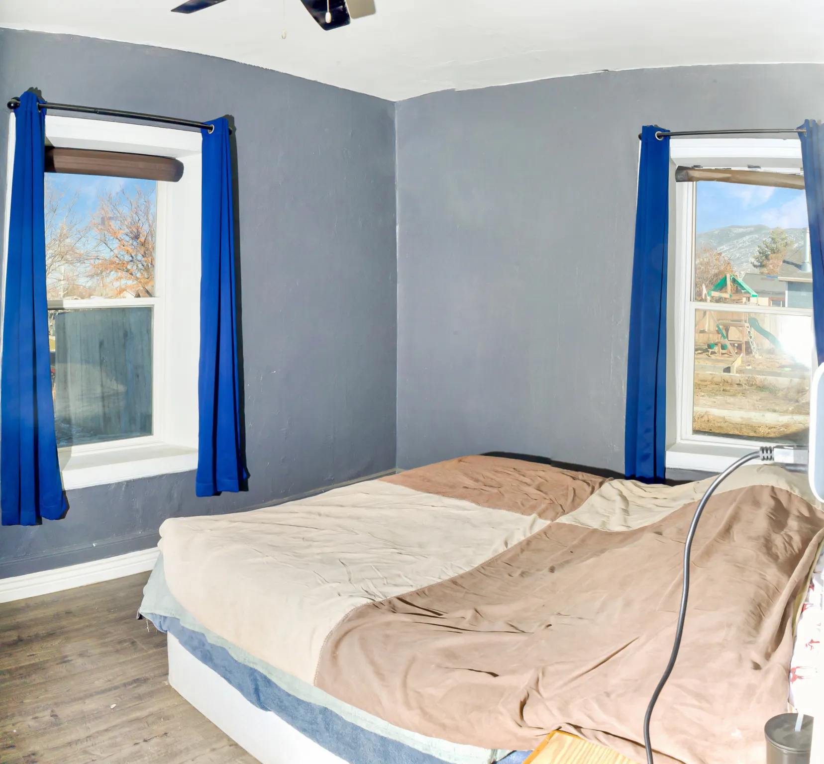 Room featuring two windows with blue drapery, a ceiling fan, and wood-finish flooring
