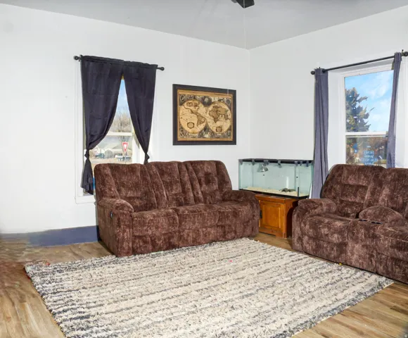 Living area featuring light wood-finish flooring, white walls, and multiple windows with dark curtains