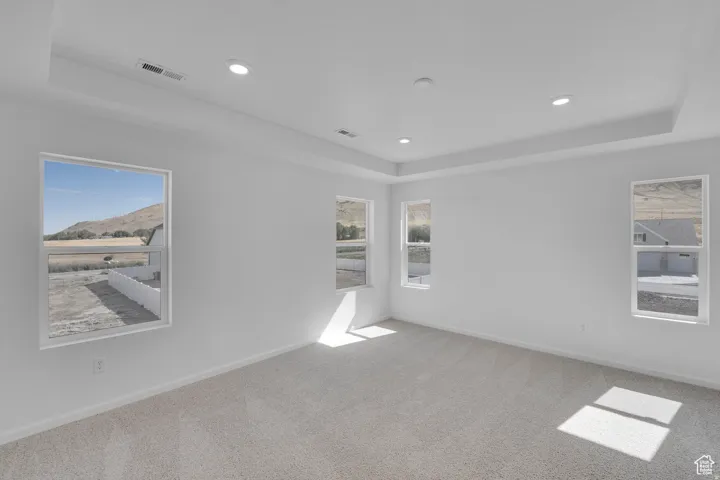 Spacious room featuring a tray ceiling with recessed lighting, multiple windows, light-toned carpeting, and crisp white walls
