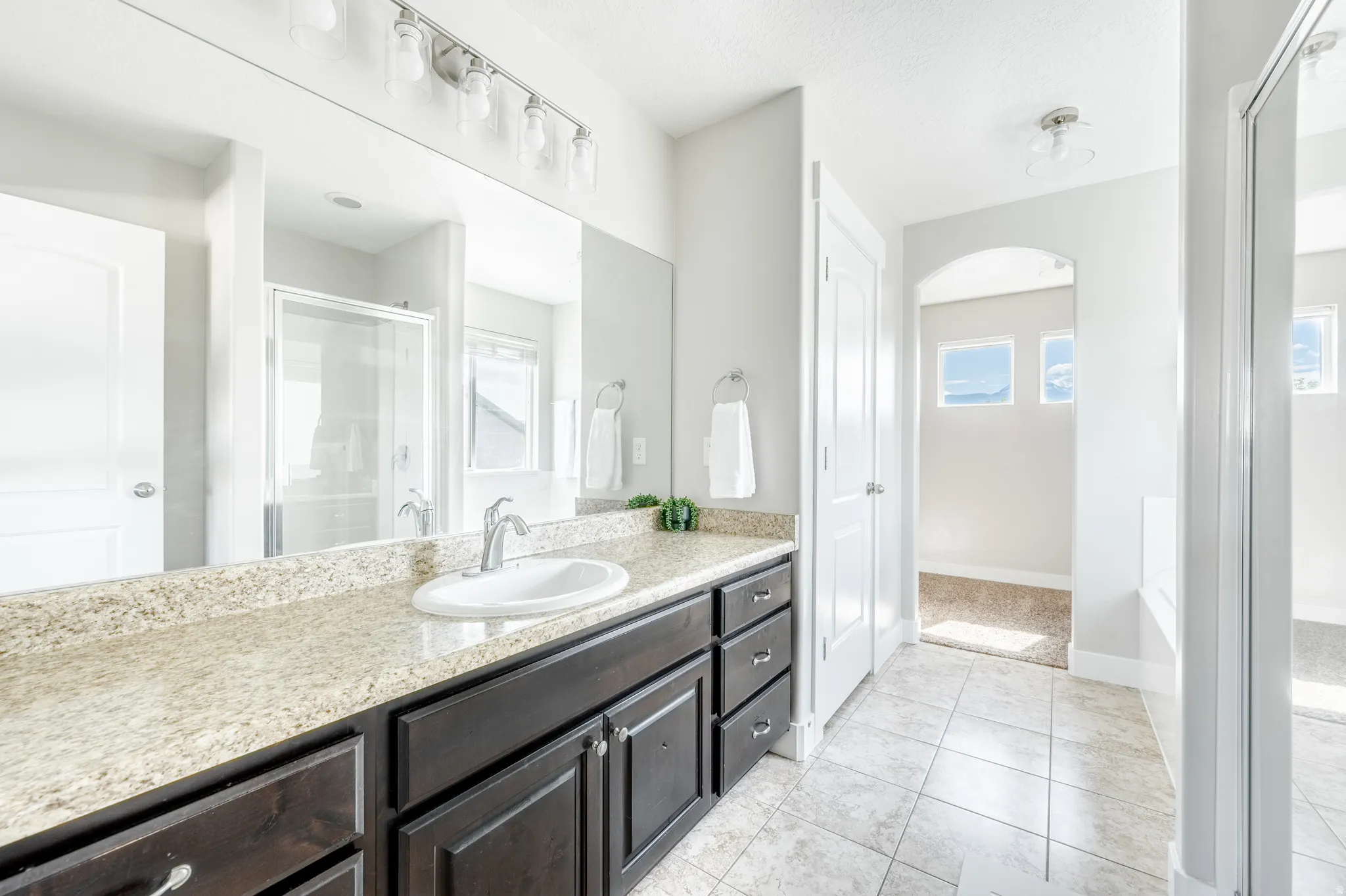 Spacious bathroom featuring a dark wood-finish vanity with an integrated sink, light-toned countertop, and a large wall-mounted mirror